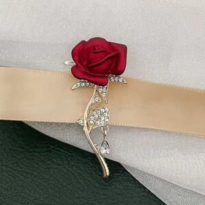 Elegant Red Rose Brooch with Silver Accents